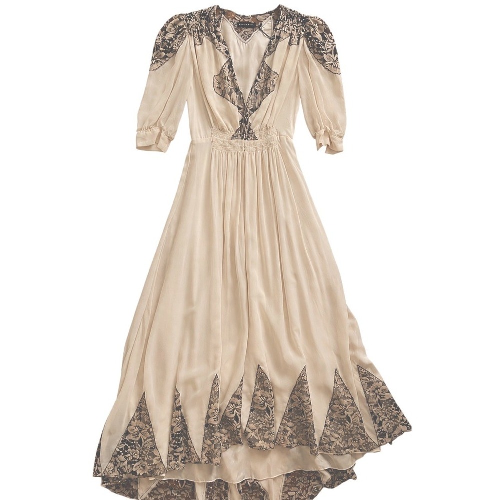 Nightcap By Carisa Rene Lace Wrap Gown Silk Maxi Dress Ivory Cream NWT Fits XS 0